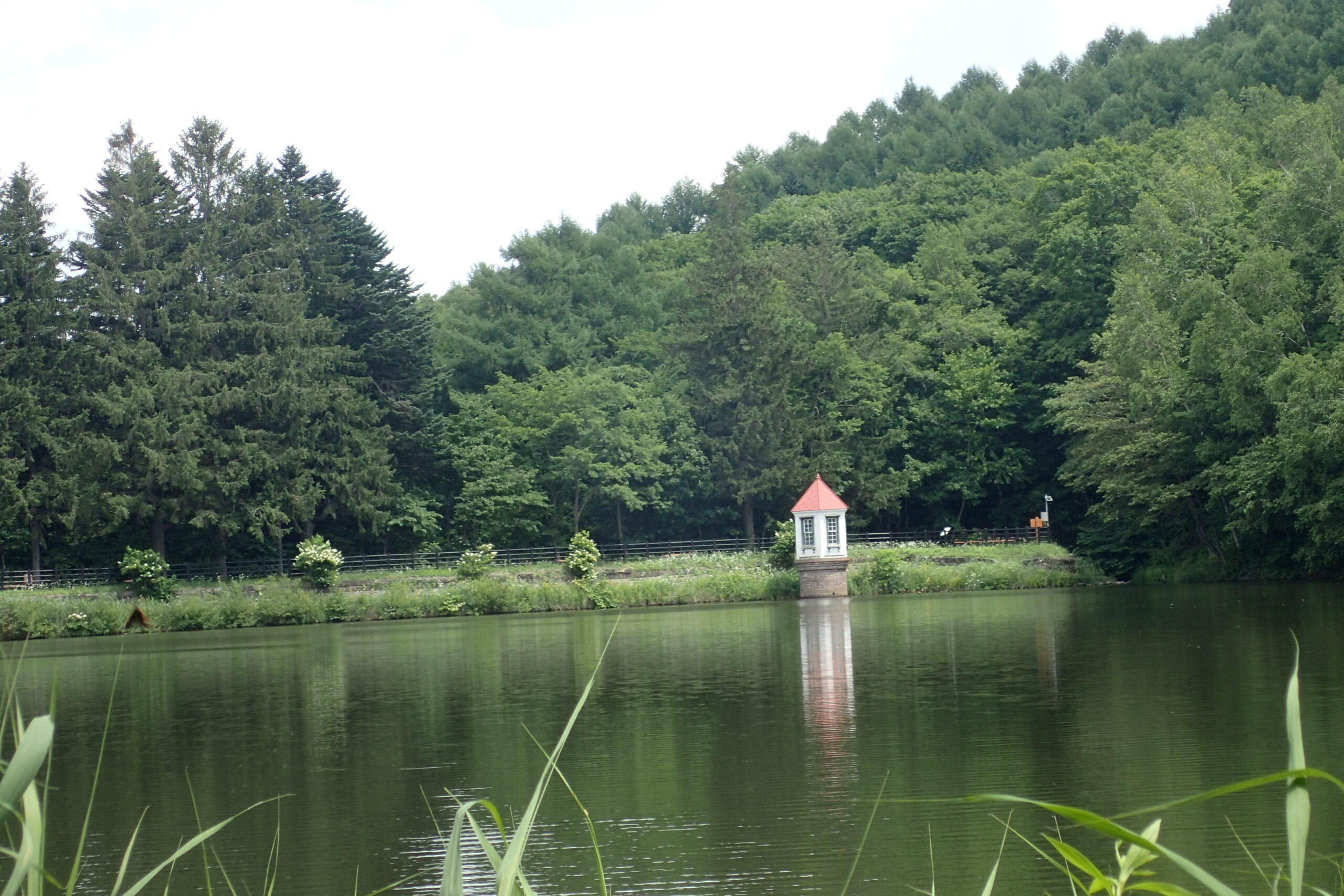 池と赤い屋根の取水塔