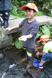 川の中でヤゴを発見する団員