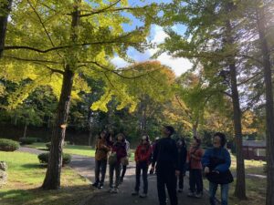 イチョウ並木で銀杏を観察する参加者