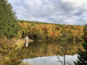 池に映った取水塔