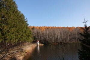取水塔とカラマツの黄色い紅葉