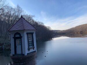 凍り始めた池と赤い屋根の取水塔