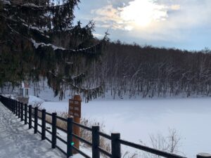 雪の積もった池と取水塔