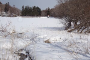 雪に覆われた池と取水塔
