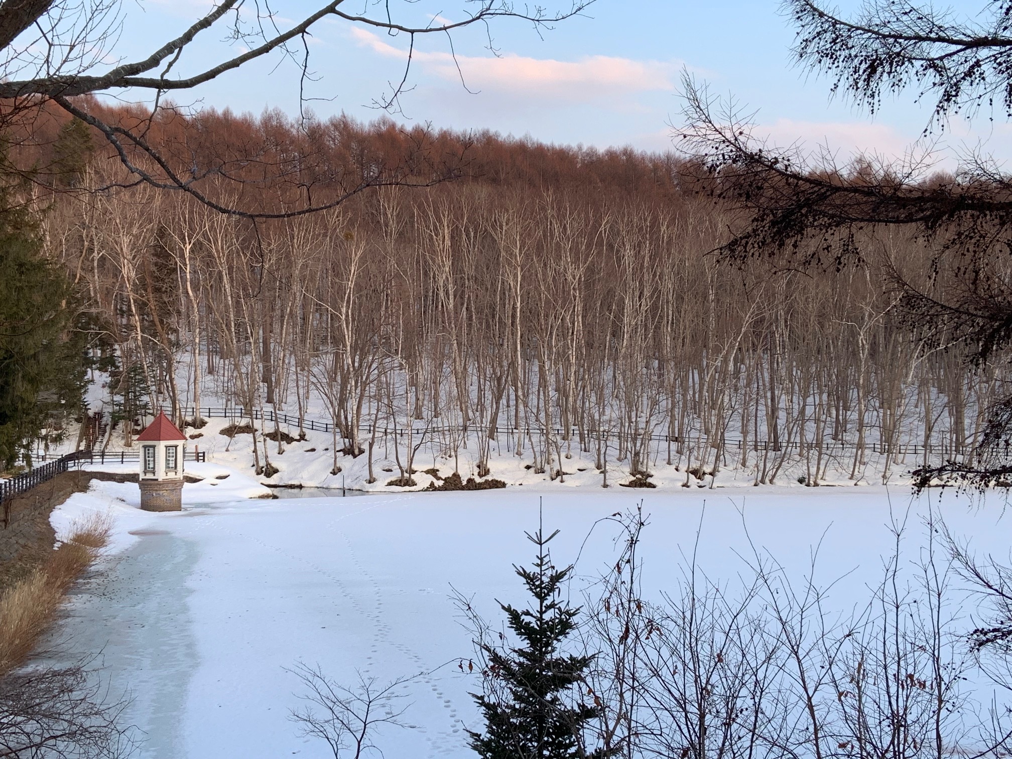 雪の積もった水源池と赤い屋根の取水塔