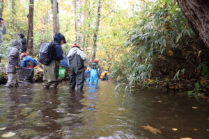 川で調査する子ども
