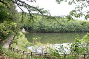 緑の森に囲まれた池と取水塔