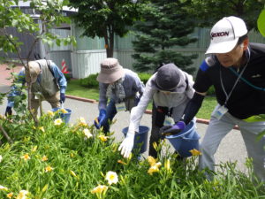 7月16日にヘメロカリスの花がら摘みの選定の活動をする植物ボランティアの皆さん