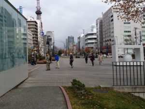 狸二条広場で照明灯のチェックをするお助け隊