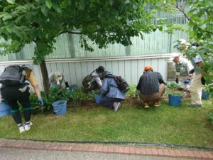 7月15日のお助け隊の活動で花壇の除草をする様子