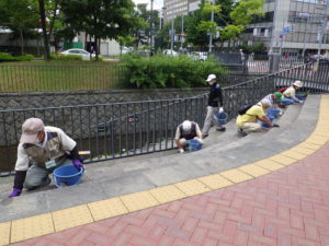 7月21日の植物ボランティアで階段の除草をする様子