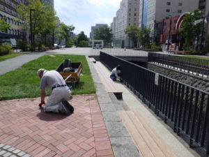 9月9日のお助け隊で園路や階段の除草をする様子