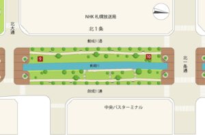 創成川公園の北大通から北1条通の間のブロックのマップ