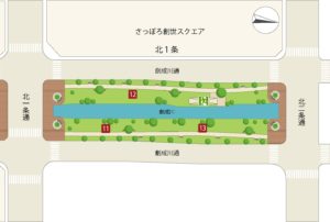創成川公園の北1条通から北2条通の間のブロックのマップ