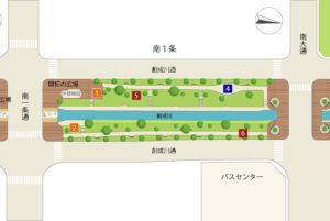 創成川公園の南1条通から南大通の間のブロックのマップ