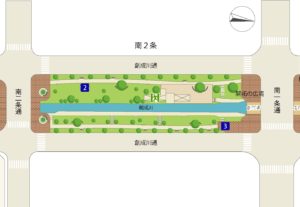 創成川公園の南2条通から南1条通の間のブロックのマップ