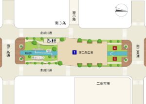 創成川公園の南3条通から南3条通の間のブロックのマップ