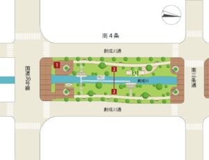 創成川公園の南4条国道36号線から南3条通の間のブロックのマップ