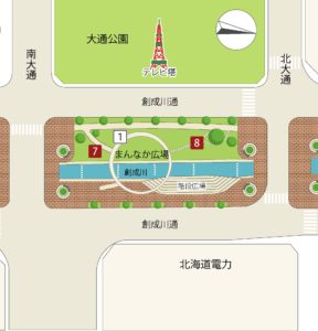創成川公園の南大通から北大通の間のブロックのマップ