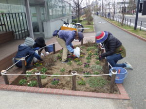 4月15日の花くらぶの活動で、花壇の手入れをするボランティア