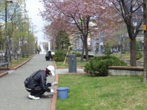 4月28日のお助け隊の活動で園路の除草をするボランティア