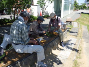 6月30日にヘメロカリスの花名札の取り付け準備をするお助け隊