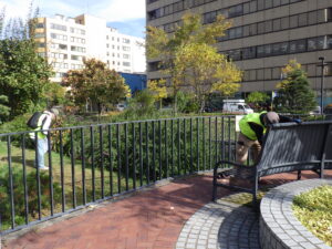 10月16日に園内清掃とベンチふきの活動をする企業ボランティアのみなさん