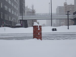 1月31日の彫刻作品たけくらべの周りの積雪の様子