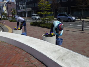 4月21日にコンテナに花を植え込む花くらぶボランティア4