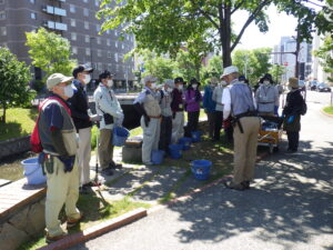 6月14日にライラックの花後剪定の指導を受ける植物ボランティア