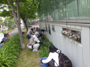 7月5日の活動でスズラン花壇の除草をする植物ボランティア