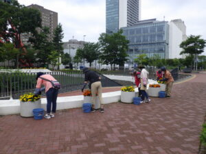 7月21日の活動でコンテナの管理をする花くらぶと企業ボランティア