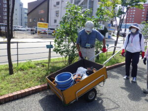 8月17日にヘメロカリスの花がら摘みとスズラン花壇の除草をするお助け隊