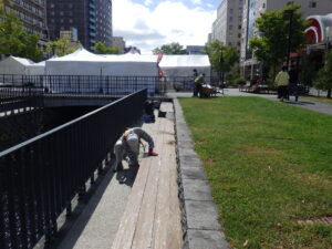 9月14日に狸二条広場北側のベンチのをするお助け隊の様子