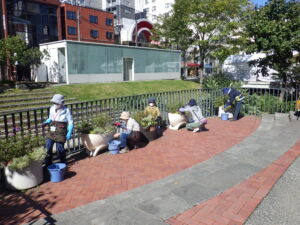 9月22日の活動で狸二条広場のコンテナの手入れをする花くらぶ