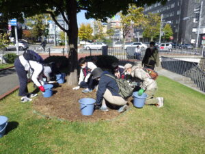 10月12日にスズランの刈り取りの作業をするお助け隊