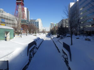 1月28日の南1条の創成川で川に雪が積もっている様子