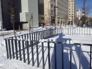 南4条南西側のフェンスの上に並べられた雪ひよこ軍団