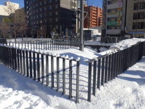 南4条南西側のフェンスの上に並べられた雪ひよこ軍団