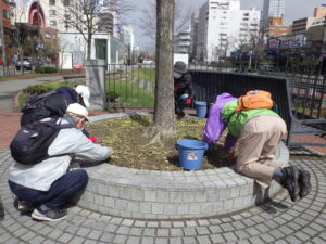 4月12日に円形ますの除草をするお助け隊