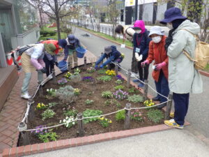 4月20日に花壇の手入れをする花くらぶ