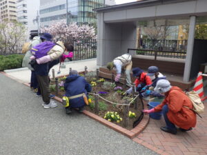 4月20日に花壇の手入れをする花くらぶ