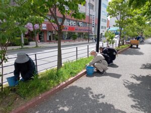 5月23日にヘメロカリス花壇の除草をする植物ボランティア