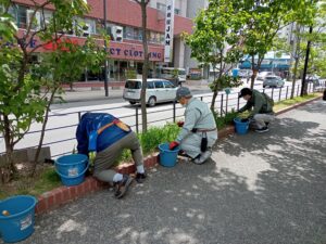 5月23日にヘメロカリス花壇の除草をする植物ボランティア
