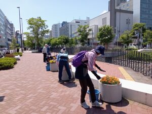 6月8日にコンテナ花壇の手入れをする花くらぶ