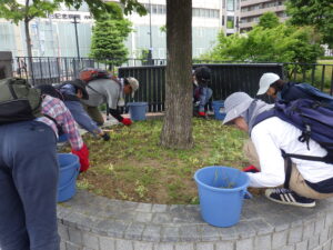 6月28日に円形ますの除草の作業をするお助け隊