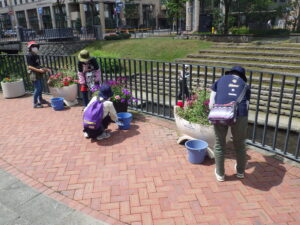 7月6日にコンテナ花壇の管理をする花くらぶ