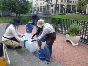 7月27日にコンテナ花壇の管理をする花くらぶ