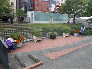 9月21日に狸二条広場のコンテナの手入れをする花くらぶ