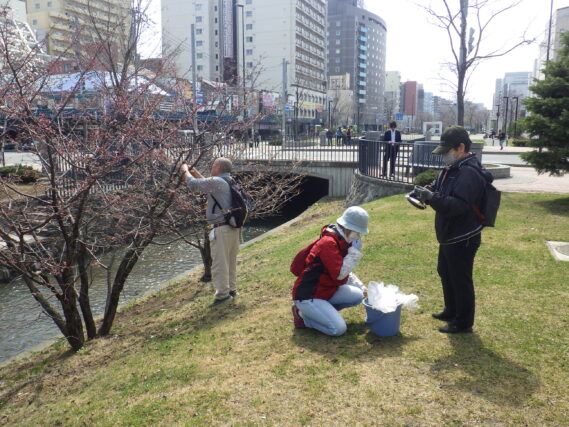 4月16日に樹名板付けの作業をする植物ボランティア